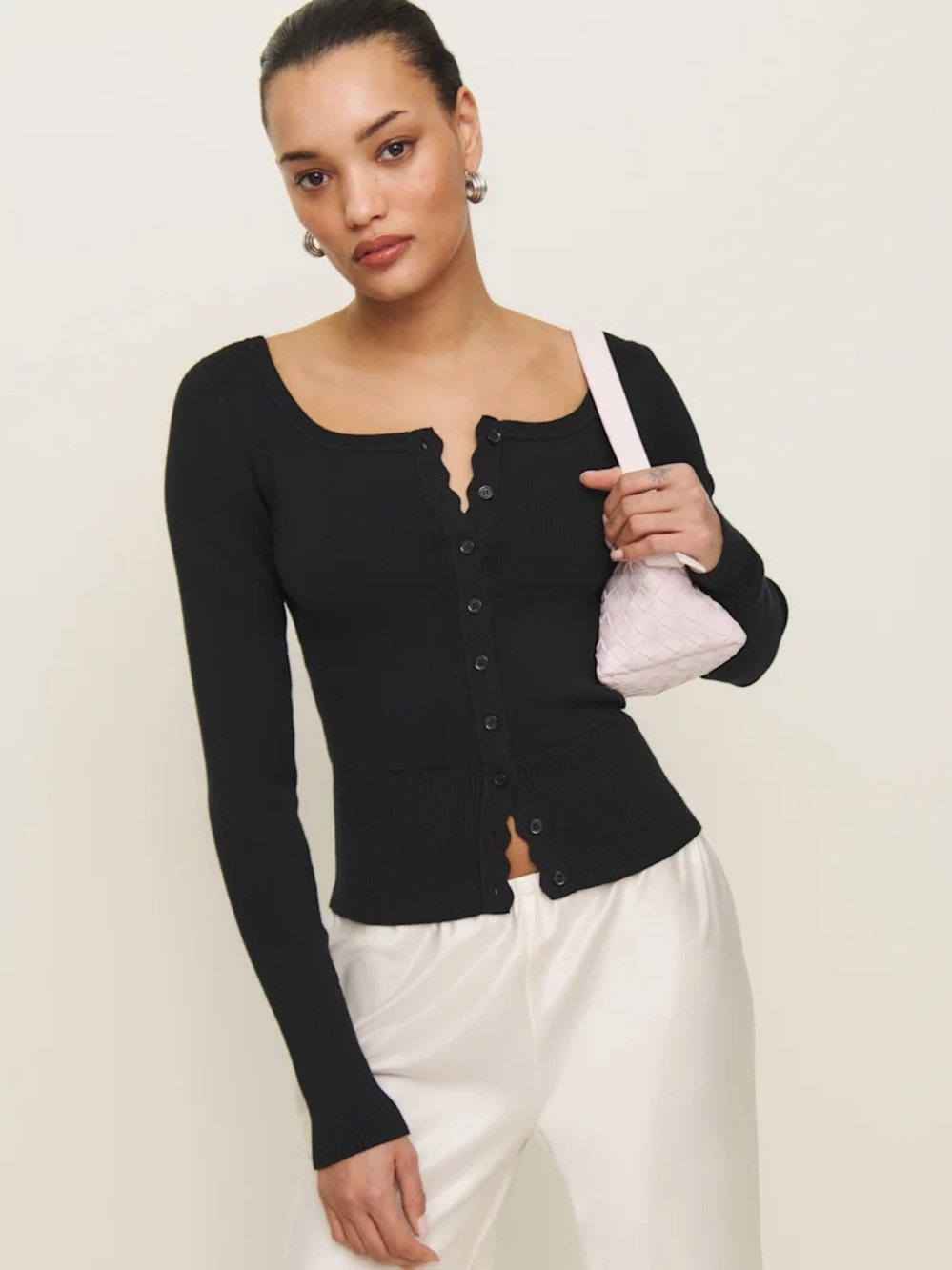 Reformation Black Ribbed Button-Front Cardigan